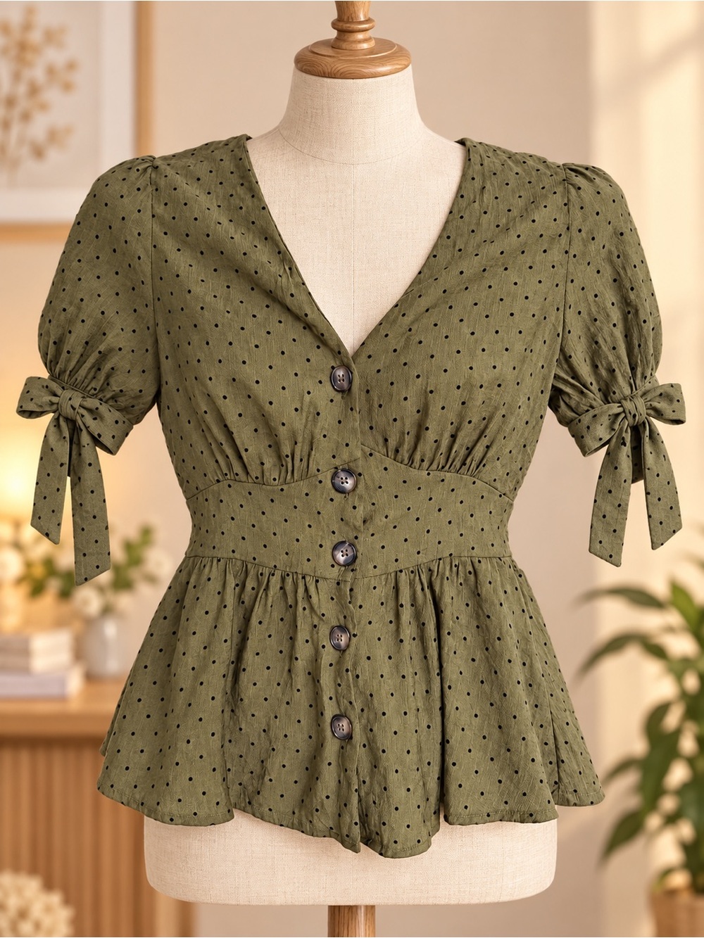 mine Olive Green Polka Dot Button Peplum Top